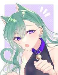 Rule 34 | 1girl, :o, animal ear fluff, animal ears, bell, breasts, cat ears, cat girl, cat tail, clenched hand, collarbone, green hair, halterneck, hatori naco, highres, kemonomimi mode, looking at viewer, medium breasts, open mouth, paw pose, portrait, purple eyes, solo, tail, virtual youtuber, vspo!, yakumo beni