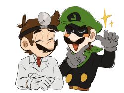 2boys brown_footwear brown_hair dark_persona dr._mario dr._mario_(game) facial_hair gloves green_scarf hat highres male_focus mario mario_(series) mask mimimi_(mimimim9999) mr._l multiple_boys mustache nintendo open_mouth overalls paper_mario scarf shirt short_hair super_paper_mario white_gloves