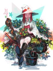 Rule 34 | 1girl, black footwear, black socks, brown eyes, collared shirt, commentary request, flower, full body, hakusaku, hat, high collar, highres, holding, holding staff, kneehighs, knees, long sleeves, looking at viewer, open mouth, original, plant, potted plant, red hair, red vest, robe, rose, shirt, shoes, sitting, smile, socks, solo, staff, star (symbol), teeth, upper teeth only, vest, white background, white flower, white hat, white robe, white rose, white shirt, wide sleeves, witch hat, wizard