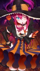 Rule 34 | 1girl, black thighhighs, blue eyes, blush, capelet, closed mouth, cowboy shot, detached sleeves, dress, elizabeth bathory (fate), elizabeth bathory (fate/extra ccc), elizabeth bathory (halloween caster) (fate), fate/grand order, fate (series), finger to mouth, flat chest, hair between eyes, halloween, hand on own hip, hat, highres, horns, index finger raised, long hair, looking at viewer, nezumidoshi, purple hair, shushing, sidelocks, skirt, smile, solo, striped clothes, striped dress, striped skirt, thighhighs, tsurime, vertical-striped clothes, vertical-striped dress, vertical-striped skirt, witch hat