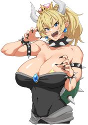 Rule 34 | 1girl, areola slip, armlet, bad id, bad pixiv id, black leotard, black nails, blonde hair, blue eyes, blue gemstone, bowsette, bracelet, breasts, cleavage, collar, earrings, fingernails, gem, hair between eyes, highres, horns, jewelry, large breasts, leotard, looking at viewer, mario (series), nail polish, nash (na-si), new super mario bros. u deluxe, nintendo, open mouth, pasties, pointy ears, ponytail, sharp fingernails, sharp teeth, spiked bracelet, spiked collar, spiked shell, spikes, star pasties, strapless, strapless leotard, super crown, teeth, thick eyebrows, turtle shell, upper body, v-shaped eyebrows, white background