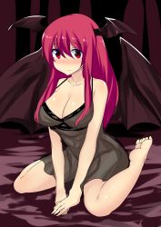 Rule 34 | 1girl, bad id, bad twitter id, bare legs, barefoot, bat wings, blush, breasts, cleavage, head wings, highres, hitotsuki nebura, kneeling, koakuma, large breasts, lingerie, long hair, looking at viewer, negligee, nightgown, one-hour drawing challenge, red eyes, red hair, shiny skin, shy, sitting, sleeveless, solo, touhou, underwear, wings