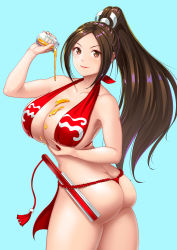 Rule 34 | 1girl, absurdres, ass, bikini, breasts, brown eyes, brown hair, cleavage, fatal fury, highres, large breasts, legs, lipstick, long hair, looking at viewer, makeup, ponytail, red bikini, sexually suggestive, shiranui mai, smile, snk, solo, swimsuit, teasing, the king of fighters, thick thighs, thighhighs, thighs, thong bikini