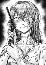 Rule 34 | 1girl, areola slip, biting own lip, blood, blood on breasts, blood on face, breasts, bruise, bruise on face, crying, crying with eyes open, cuts, dated, dress, greyscale, gun, hair between eyes, handgun, hands up, highres, holding, holding gun, holding weapon, injury, kotoba noriaki, long hair, looking at viewer, luger p08, medium breasts, monochrome, nude, original, signature, smoke, smoking barrel, solo, tears, torn clothes, torn dress, trembling, weapon
