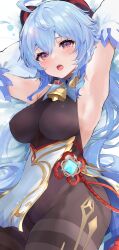 Rule 34 | 1girl, absurdres, ahoge, armpits, arms behind head, arms up, bare shoulders, bell, black leotard, blue hair, blush, bodystocking, breasts, chinese knot, cowbell, detached sleeves, dx (xxer4838), ganyu (genshin impact), genshin impact, gold trim, hair between eyes, highleg, highleg leotard, highres, horns, leotard, long hair, looking at viewer, medium breasts, neck bell, open mouth, pantyhose, pelvic curtain, purple eyes, solo, teeth, thighs, upper teeth only, very long hair, vision (genshin impact), white sleeves