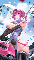 Rule 34 | 1girl, absurdres, breasts, checkered flag, elbow gloves, eyewear on head, finish line, flag, gloves, hair between eyes, highres, honkai: star rail, honkai (series), kafka (honkai: star rail), koiswag, large breasts, long hair, looking at viewer, motor vehicle, motorcycle, purple eyes, purple hair, race queen, solo, sweat, thighhighs, thighs, torn clothes, very sweaty