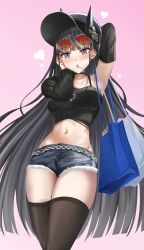 Rule 34 | 1girl, absurdres, adone (pluemza021), arm behind head, armpits, azur lane, bag, black hair, blush, breasts, crop top, demon girl, detached sleeves, eyewear on head, hand up, hat, heart, highres, hip focus, horns, horns through headwear, legs together, long hair, looking at viewer, medium breasts, micro shorts, midriff, navel, noshiro (dressed-up date) (azur lane), oni, purple eyes, shopping bag, shorts, single bare shoulder, solo, sunglasses, thighhighs, thighs, torn clothes, torn shorts, very long hair