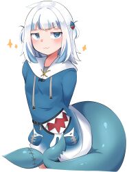 Rule 34 | 1girl, :3, absurdres, blue eyes, blue hair, blue hoodie, blunt bangs, blush, closed mouth, commentary, english commentary, fins, fish tail, gawr gura, gawr gura (1st costume), hair ornament, highres, hololive, hololive english, hood, hoodie, looking at viewer, medium hair, multicolored hair, shark girl, shark hair ornament, shark tail, sidelocks, skkazu1, streaked hair, tail, two side up, virtual youtuber, white hair