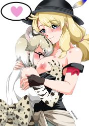 Rule 34 | 2girls, ^ ^, absurdres, animal ears, armband, back bow, bare arms, bare shoulders, between breasts, blonde hair, blue eyes, blush, bow, grabbing another&#039;s breast, breast smother, breasts, calenda (kemono friends), camisole, chin rest, closed eyes, closed mouth, collarbone, elbow gloves, extra ears, closed eyes, eyes visible through hair, face to breasts, fingerless gloves, glasses, gloves, grabbing, grey hair, hat, hat feather, head between breasts, head on head, head rest, heart, height difference, hickey, highres, hug, kemono friends, kemono friends 3, large breasts, long hair, low-tied long hair, margay (kemono friends), margay print, medium hair, multicolored hair, multiple girls, nipples, no bra, saijouji reika, shirt, sidelocks, simple background, sleeveless, sleeveless shirt, smile, spoken heart, strap slip, upper body, white background, white hair, yuri
