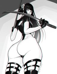 Rule 34 | 1girl, artist name, ass, back cover, brassica, breasts, cover, dual wielding, eyelashes, flower, from behind, gloves, greyscale, hair flower, hair ornament, hairband, highres, holding, holding sword, holding weapon, katana, leotard, lips, long hair, looking back, monochrome, photo-referenced, rose, skindentation, solo, spy x family, sword, thighhighs, weapon, yor briar