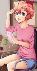Rule 34 | 1girl, act, blue eyes, book, breasts, brown hair, cup, doki doki literature club, hair ribbon, highres, looking at viewer, open mouth, ribbon, sayori (doki doki literature club), short hair, small breasts, smile, solo, teeth, thighs