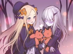 Rule 34 | 2girls, abigail williams (fate), albino, black bow, black hat, blue eyes, blush, bow, commentary request, doll, fate/grand order, fate (series), hair bow, hat, heart, holding, holding doll, holding stuffed toy, horns, lavinia whateley (fate), long hair, looking at another, multiple girls, no pupils, open mouth, orange bow, oukawa yuu, red eyes, single horn, stuffed animal, stuffed toy, teddy bear, very long hair, white hair, yuri