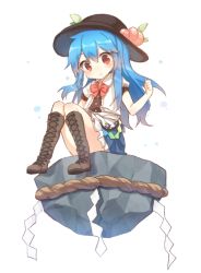Rule 34 | 1girl, bad id, bad pixiv id, blue hair, blush, boots, bow, bowtie, dress, food, fruit, full body, hat, hinanawi tenshi, leaf, long hair, looking down, peach, pout, puffy sleeves, red eyes, rock, rope, shimenawa, shnva, short sleeves, simple background, sitting, solo, touhou, upskirt, white background
