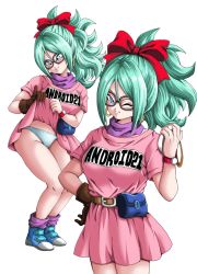 Rule 34 | 1girl, 2girls, android 21, bare legs, belt, black-framed eyewear, blue eyes, blush, boots, bow, brown belt, brown gloves, bulma, bulma (cosplay), character name, closed eyes, closed mouth, clothes lift, clothes writing, cosplay, dragon ball, dragon ball fighterz, dragon radar, dress, dress lift, earrings, eyelashes, fanny pack, full body, glasses, gloves, green hair, hair between eyes, hair ornament, hair tie, hand on own hip, highres, holding, hoop earrings, jewelry, long hair, looking at viewer, looking down, loose socks, multiple girls, multiple views, neck warmer, one eye closed, panties, pink dress, ponytail, pouch, purple scarf, radar, red ribbon, ribbon, scarf, short sleeves, simple background, single glove, smile, socks, spiked hair, teeth, toriyama akira (style), underwear, upper body, v-shaped eyebrows, watch, white background, white panties, wristwatch, young jijii