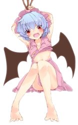 Rule 34 | 1girl, angry, aoi (annbi), armpits, arms behind head, bad anatomy, bad feet, barefoot, bat wings, bdsm, blue hair, blush, bound, bound wrists, crying, crying with eyes open, d:, d:&lt;, fangs, full body, highres, legs, looking at viewer, navel, open mouth, poorly drawn, red eyes, remilia scarlet, shirt, short hair, simple background, skirt, solo, tears, tied up (nonsexual), toes, torn clothes, torn shirt, touhou, v-shaped eyebrows, white background, wings