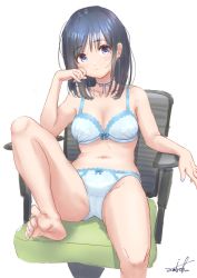 Rule 34 | 1girl, bare arms, bare legs, bare shoulders, barefoot, black hair, blue eyes, blush, bow, bow bra, bow panties, bra, breasts, chair, cleavage, closed mouth, collarbone, feet out of frame, head tilt, highres, knee up, long hair, looking at viewer, medium breasts, office chair, on chair, original, panties, signature, simple background, sitting, solo, swivel chair, umiroku, underwear, underwear only, white background, white bra, white panties