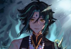 Rule 34 | 1boy, ahoge, arm tattoo, bead necklace, beads, black gloves, black hair, crying, crying with eyes open, facial mark, forehead mark, genshin impact, gloves, green hair, highres, holding, jewelry, long hair, looking at viewer, lounette, male focus, multicolored hair, necklace, open mouth, shoulder pads, shoulder spikes, simple background, sleeveless, solo, spikes, tattoo, tears, xiao (genshin impact), yellow eyes