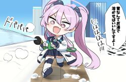 Rule 34 | 1girl, blue archive, building, chibi, halo, japanese text, koyuki (blue archive), pink eyes, pink hair, sashu (thershr6s), snow, solo, twintails, water