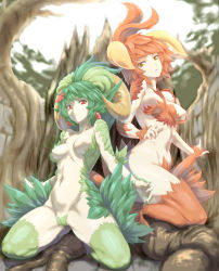 Rule 34 | absurdres, breasts, closed mouth, day, forest, highres, horns, kous (onetwojustice), long hair, looking at viewer, monster girl, multiple girls, nature, navel, open mouth, outdoors, saga, saga frontier, saga frontier 2, spread legs