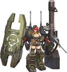 Rule 34 | 1girl, 2v (joyeong), :&lt;, ammunition belt, arm behind head, ballistic shield, belt, belt pouch, beret, black gloves, black shorts, black thighhighs, breasts, broken shield, brown belt, browning m2, cannon, character name, cleavage, cleavage cutout, closed mouth, clothing cutout, dog tags, earrings, full body, game cg, gloves, green hat, green jacket, gun, hair between eyes, hat, heavy machine gun, highres, huge weapon, jacket, jewelry, large breasts, last origin, linea alba, looking at viewer, machine gun, mechanical boots, military hat, military jacket, military uniform, mole, mole on breast, nashorn (last origin), navel, off-shoulder jacket, off shoulder, official art, open clothes, open jacket, pouch, red hair, scarf, scratches, shield, short hair, short shorts, shorts, shoulder tattoo, simple background, skindentation, solo, standing, tachi-e, tank top, tattoo, thigh pouch, thighhighs, third-party source, transparent background, treadmill, uniform, weapon, wrist belt, yellow eyes, yellow scarf