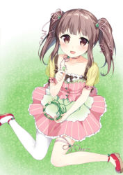 Rule 34 | 10s, 1girl, :d, brown eyes, brown hair, clover, collarbone, flower wreath, four-leaf clover, hair ribbon, idolmaster, idolmaster cinderella girls, looking at viewer, masuishi kinoto, ogata chieri, open mouth, puffy short sleeves, puffy sleeves, red footwear, ribbon, ribbon-trimmed sleeves, ribbon trim, see-through, shima (shima je), shoes, short sleeves, sitting, smile, solo, striped, twintails, vertical stripes, white legwear