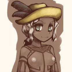 Rule 34 | 1girl, blush, breasts, collarbone, commentary request, green eyes, hat, hat feather, kakkou (su), nipples, nude, short ponytail, small breasts, smile, solo, tattoo, tribal tattoo, upper body, white hair