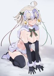 Rule 34 | 1girl, absurdres, bare shoulders, bell, black bra, black gloves, black thighhighs, boots, bow, bra, breasts, capelet, cleavage, cosplay, elbow gloves, fate/grand order, fate (series), fur-trimmed capelet, fur-trimmed gloves, fur trim, gloves, green ribbon, grey hair, headpiece, highres, jeanne d&#039;arc (fate), jeanne d&#039;arc alter (avenger) (fate), jeanne d&#039;arc alter (fate), jeanne d&#039;arc alter santa lily (fate), jeanne d&#039;arc alter santa lily (fate) (cosplay), jikatarou, kneeling, large breasts, looking at viewer, medium breasts, multicolored bow, multicolored ribbon, parted lips, ribbon, short hair, solo, striped bow, striped ribbon, sweatdrop, thighhighs, undersized clothes, underwear, white capelet, white footwear, yellow eyes