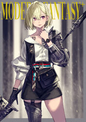 Rule 34 | 1girl, absurdres, armor, asymmetrical clothes, blonde hair, chest tattoo, cowboy shot, earrings, gloves, hair between eyes, highres, holding, holding weapon, jewelry, kusano shinta, original, red eyes, ring, short hair, single glove, single thighhigh, solo, tattoo, thighhighs, watch, weapon, wristwatch