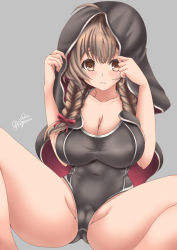 Rule 34 | 1girl, artist logo, black capelet, black one-piece swimsuit, boots, braid, breasts, brown hair, brown one-piece swimsuit, cameltoe, capelet, cleavage, cleft of venus, commentary request, competition swimsuit, grey background, hood, hooded capelet, kantai collection, kuga zankurou, large breasts, long hair, looking at viewer, one-piece swimsuit, shinshuu maru (kancolle), simple background, sitting, solo, spread legs, swimsuit, twin braids