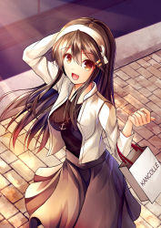 Rule 34 | 1girl, :d, alternate costume, anchor necklace, bag, black hair, black shirt, breasts, brown eyes, from above, grey skirt, hair ornament, hairband, hairclip, hand in own hair, haruna (kancolle), highres, holding, holding bag, jacket, jewelry, kantai collection, large breasts, long hair, looking at viewer, miyazaki yukichi, necklace, open mouth, shirt, shopping bag, skirt, smile, solo, white hairband, white jacket