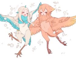 Rule 34 | 2girls, animal ears, bachikin (kingyo155), bird ears, bird legs, bird tail, blue feathers, blue wings, blush, closed eyes, commentary request, feathered wings, feathers, flower, harpy, highres, long hair, monster girl, multiple girls, neck ruff, open mouth, orange feathers, orange hair, orange wings, original, scales, short hair, simple background, tail, talons, thick eyebrows, two-tone wings, white background, white feathers, white hair, white wings, winged arms, wings