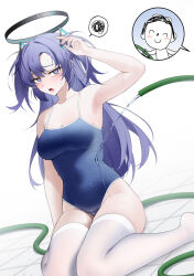 Rule 34 | 1girl, ^ ^, doodle sensei (blue archive), bechu, blue archive, blue eyes, blue one-piece swimsuit, blush, breasts, cleavage, closed eyes, competition school swimsuit, halo, highres, hose, long hair, medium breasts, one-piece swimsuit, open mouth, purple hair, revision, school swimsuit, sensei (blue archive), simple background, sitting, smile, spoken squiggle, squiggle, swimsuit, thighhighs, two side up, water, wet, wet clothes, wet hair, wet swimsuit, white background, white thighhighs, yuuka (blue archive)