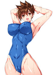 Rule 34 | 1girl, alternate breast size, arms up, bare legs, blue one-piece swimsuit, breasts, brown eyes, brown hair, cameltoe, cleft of venus, highres, honoo no toukyuuji: dodge danpei, ichigeki haruka, large breasts, looking at viewer, looking back, mature female, one-piece swimsuit, shiny clothes, shiny skin, short hair, simple background, smash daisaku, solo, swimsuit, wet, wide hips