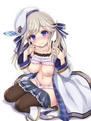 Rule 34 | 10s, 1girl, beret, black thighhighs, blonde hair, blue eyes, blush, boots, bow, bow bra, bow panties, bra, bra lift, breasts, clothes lift, coat, collarbone, commentary request, cucouroux (granblue fantasy), granblue fantasy, hair ribbon, hat, knee boots, long hair, long sleeves, looking at viewer, md5 mismatch, medium breasts, navel, nipples, ozu yugurou, panties, pink bra, pink panties, ribbon, shirt lift, skirt, smile, solo, squatting, thighhighs, twintails, underwear, wavy mouth