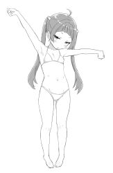 Rule 34 | 1girl, ahoge, bikini, blush, expressionless, flat chest, full body, greyscale, harumi shinju, highres, long hair, minazuki tooru, monochrome, navel, outstretched arms, simple background, sketch, solo, spread arms, swimsuit, tokyo 7th sisters, twintails