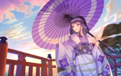 Rule 34 | 1girl, blunt bangs, commentary request, floral print, fur collar, genshin impact, hand up, highres, holding, holding umbrella, japanese clothes, kimono, lan qiandai, long hair, looking afar, nail polish, oil-paper umbrella, parted lips, purple eyes, purple hair, purple kimono, purple nails, raiden shogun, solo, umbrella