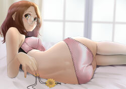 Rule 34 | 1girl, ass, back, bare shoulders, blush, bra, breasts, brown eyes, brown hair, closed mouth, commission, flower, glasses, highres, holding, indoors, large breasts, long hair, looking at viewer, lying, nail polish, on back, on bed, original, panties, pink bra, pink panties, pixiv commission, satin panties, smile, solo, tama (tamago), underwear, underwear only, yellow nails