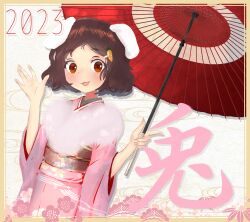 Rule 34 | 1girl, 2023, alternate costume, animal ears, blush, brown eyes, brown hair, brown sash, carrot hair ornament, chinese zodiac, commentary request, cowboy shot, floppy ears, floral print, food-themed hair ornament, fur scarf, hair ornament, highres, holding, holding umbrella, inaba tewi, japanese clothes, kimono, looking at viewer, obi, oil-paper umbrella, open mouth, pink kimono, print kimono, rabbit ears, rabbit girl, red umbrella, sash, short hair, smile, solo, touhou, umbrella, wide sleeves, year of the rabbit, yuki mizuhashi