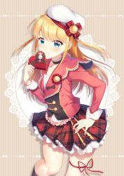 Rule 34 | 1girl, absurdres, bad id, bad pixiv id, beret, blonde hair, blue eyes, candy, chocolate, chocolate heart, choker, commentary request, cuffs, flower, food, hand on own hip, hand up, hat, heart, highres, ichiren namiro, kneehighs, leg ribbon, long hair, long sleeves, original, plaid, plaid skirt, ribbon, skirt, socks, solo, tagme, tsundere, v-shaped eyebrows, valentine, white hat
