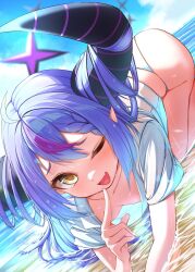 Rule 34 | 1girl, ass, beach, blue sky, blush, breasts, demon horns, dripping, fang, foreshortening, grey hair, highres, hololive, horns, kneeling, la+ darknesss, long hair, looking at viewer, nojikorirakkusu, one eye closed, open clothes, open mouth, open shirt, partially submerged, pointy ears, purple hair, shirt, skin fang, skindentation, sky, small breasts, solo, summer, tail, very long hair, virtual youtuber, wet, wet clothes, wet hair, white shirt, yellow eyes