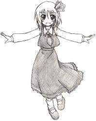 Rule 34 | 1girl, eku, embodiment of scarlet devil, fang, female focus, greyscale, hair ribbon, monochrome, necktie, outstretched arms, ribbon, rumia, short hair, solo, spread arms, touhou