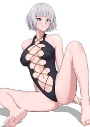 Rule 34 | 1girl, absurdres, bare shoulders, barefoot, black one-piece swimsuit, blush, breasts, cameltoe, collarbone, cross-laced clothes, cross-laced one-piece swimsuit, fate/grand order, fate (series), grey eyes, grey hair, highres, jacques de molay (foreigner) (fate), kuon bb, nail polish, navel, one-piece swimsuit, parted lips, shadow, short hair, slit pupils, smile, soles, solo, swimsuit, toenail polish, toenails, toes, yellow nails