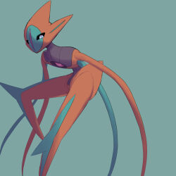 Rule 34 | creatures (company), deoxys, deoxys (attack), expressionless, game freak, gen 3 pokemon, green background, hama sou, highres, looking at viewer, mythical pokemon, nintendo, no humans, pokemon, pokemon (creature), simple background