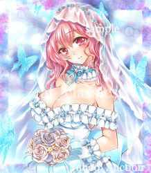 Rule 34 | 1girl, artist name, at classics, blue bow, blue bowtie, blush, bouquet, bow, bowtie, breasts, bridal veil, bride, bug, butterfly, cleavage, closed mouth, detached collar, dress, flower, gloves, head tilt, holding, holding bouquet, insect, large breasts, looking at viewer, pink eyes, pink hair, saigyouji yuyuko, sample watermark, smile, solo, strapless, strapless dress, touhou, traditional media, upper body, veil, watermark, wedding dress, white gloves