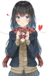 Rule 34 | 1girl, black jacket, blue eyes, blush, breasts, brown skirt, chocolate, commentary request, gift, heart, heart print, highres, holding, holding gift, jacket, large breasts, long hair, looking at viewer, original, red scarf, scarf, school uniform, shirt, simple background, skirt, solo, sunsun2812, uniform, valentine, white background, white shirt