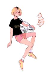 Rule 34 | 1boy, arm at side, arm up, artist name, black shirt, blonde hair, blush, bottle, cat, clothes writing, commentary, denise (pfeffersteak), drawstring, english commentary, full body, haikyuu!!, kozume kenma, male focus, parted bangs, pink shorts, shirt, short sleeves, shorts, simple background, socks, solo, water bottle, white background, white bag, white socks, yellow footwear