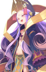 Rule 34 | 1girl, blush, breasts, chinese clothes, crown, facial mark, fate/grand order, fate (series), forehead mark, hanfu, long hair, long sleeves, navel, open mouth, parted bangs, pelvic curtain, pink eyes, purple hair, ribbon bra, simple background, small breasts, smile, solo, string bra, tassel, ukkari chabangeki, very long hair, white background, wide sleeves, wu zetian (fate)