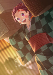 Rule 34 | 1boy, blush, checkered clothes, checkered kimono, earrings, hair ornament, highres, holding, japanese clothes, jewelry, kamado tanjirou, kimetsu no yaiba, kimono, male focus, open mouth, red eyes, red hair, remsor076, scar, scar on face, scar on forehead, short hair, smile, solo, trap, twitter username