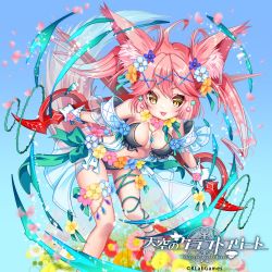 Rule 34 | 1girl, animal ears, arm garter, bare shoulders, barefoot, blue background, blush, breasts, breasts apart, company name, copyright name, dual wielding, fang, flower, full body, gloves, hair flower, hair ornament, hairclip, highres, holding, holding sword, holding weapon, jewelry, leaning forward, long hair, looking at viewer, medium breasts, navel, necklace, official art, open mouth, pendant, pink hair, slit pupils, smile, solo, standing, stomach, sword, tail, teltelhousi, tenkuu no craft fleet, twintails, weapon, white gloves, x hair ornament, yellow eyes