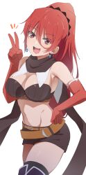 Rule 34 | 1girl, :d, absurdres, bandeau, belt, black scrunchie, blush, boots, breasts, brown bandeau, brown belt, brown scarf, brown shorts, cleavage, commentary request, earrings, elbow gloves, gloves, hair between eyes, hal-bard, highres, ikusaba maya, isekai one turn kill nee-san: ane douhan no isekai seikatsu hajimemashita, jewelry, large breasts, long hair, looking at another, looking at viewer, midriff, navel, open mouth, ponytail, red eyes, red gloves, red hair, scarf, scrunchie, short shorts, shorts, simple background, smile, solo, stomach, thigh boots, thighhighs, v, very long hair, white background